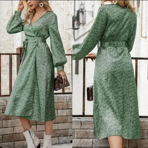 Boho green floral print wide knot wrap dress - Picture 5 of 8